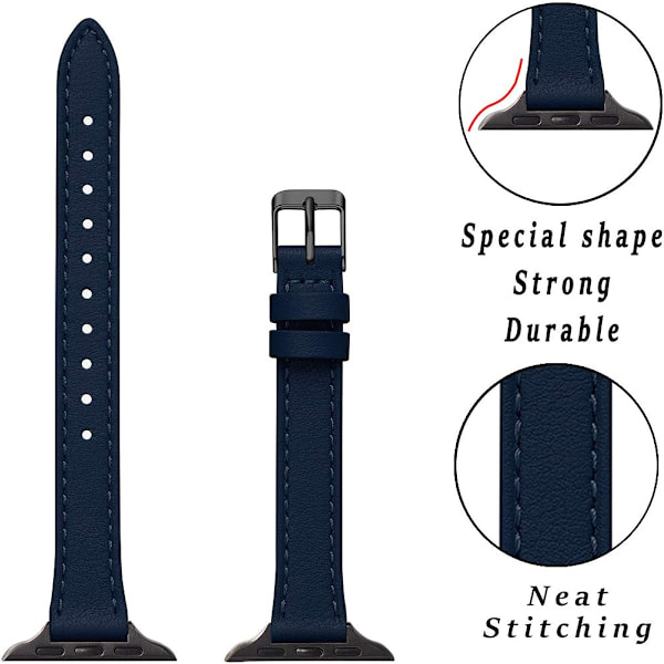 Smal läderrem kompatibel med Apple Watch Band 38 mm Marinblå med Svart Navy with Black 42mm/44mm/45mm/49mm