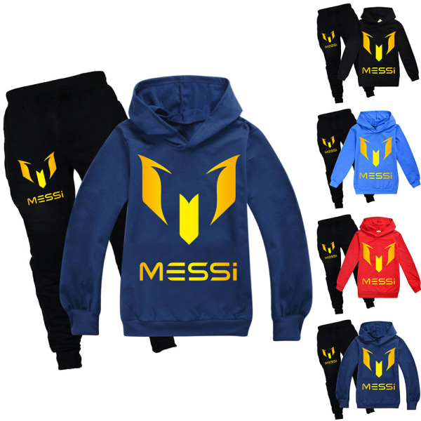 Børns Messi Forår Efterår Træningssæt Hættetrøje Sweatshirt T-shirt + Sportsbukser Marineblå Navy blue 150cm