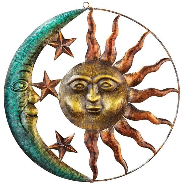 Sol og måne veggdekor Sun Embracing the Moon Vintage hengende metallstatue Hjemmekunstdekorasjon