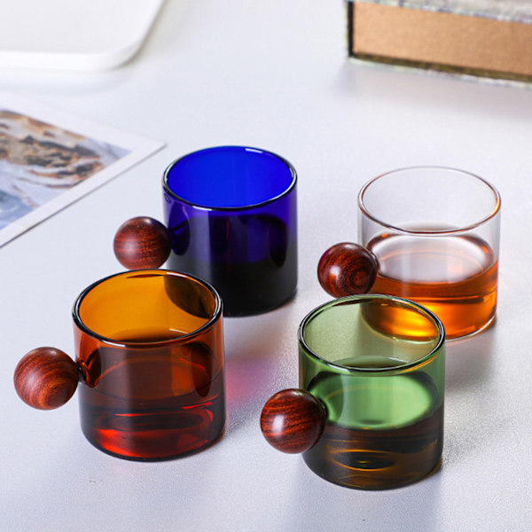 Fargerike Glasskaffe Kopper med Treballhåndtak Stilig Drikkemugg Vannkopp for Te Kaffe Latte Blå Blue 220ml