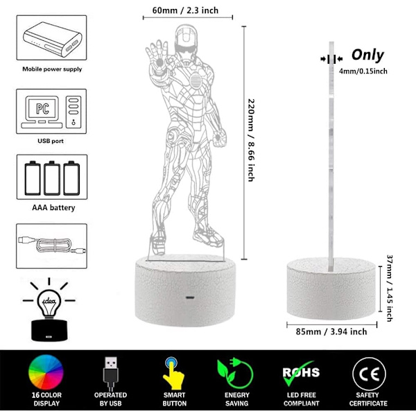 LED Superhelt 3D Nattlys, ONXE Optisk Illusjonslampe 16 Farger Dimbar USB-drevet Berøringskontroll med Crackbase+Fjernkontroll (Iron Man)