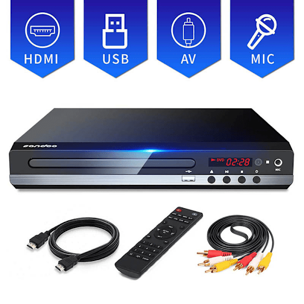 DVD player for TV, DVD/CD/MP3 with USB socket, HDMI and AV output (HDMI and AV cable included), remote control