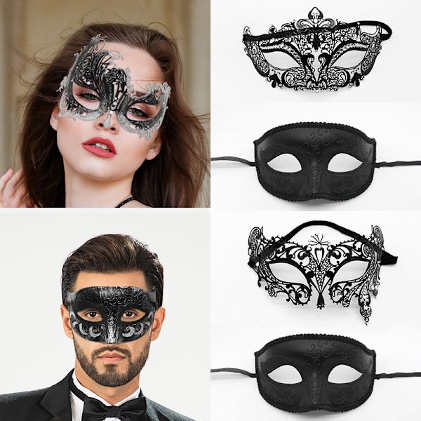 2 st venetianska maskeradbal masker svart diamant halv ansikte metall