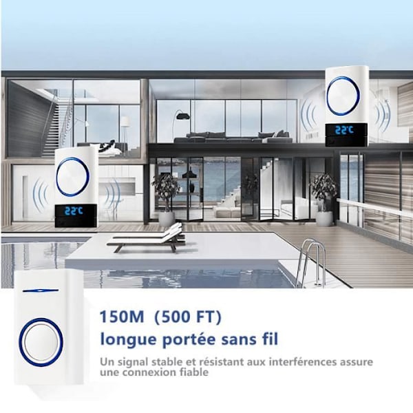 Vanntett trådløs dørklokke for utendørs bruk - 1 mottaker, trådløs ringeklokke - Temperaturvisning, 150 m rekkevidde, 52 melodier