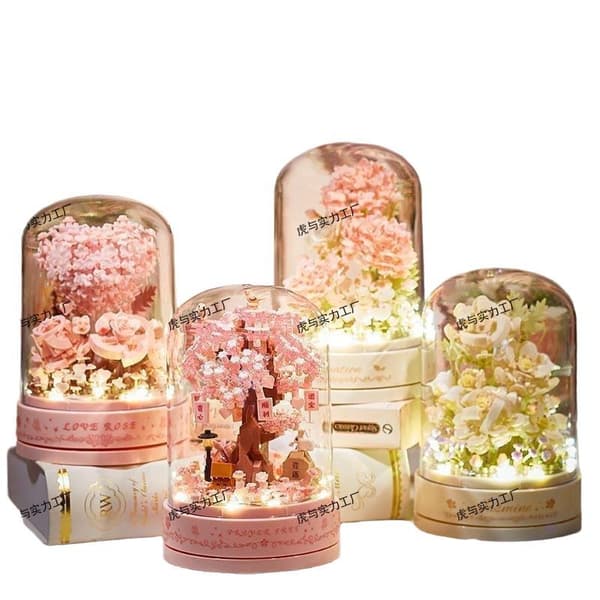 Micro Brick Evig Blomsterset | Mini Bukett Byggsats med Presentförpackning & Dammskydd | Dekorativ Blomstermodell *Jasmin*bas Jasmine base