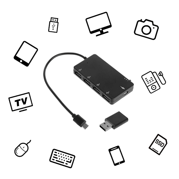 USB C-hub, 5-i-1 USB-C-splitter med 4 USB-grensesnitt USB hann til mikro-USB hunnadapter for smarttelefoner og nettbrett