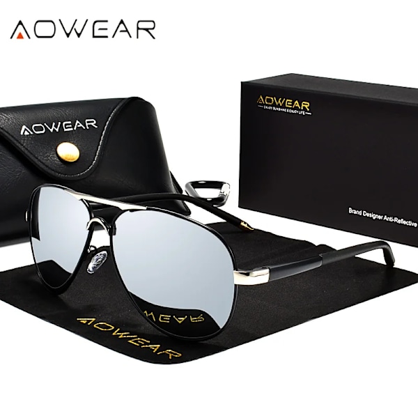 AOWEAR-merkin suunnittelijan polarisoidut aurinkolasit miehille, ilmailupinnoitetut peiliaurinkolasit miehille ja naisille, oculos gafas lentes de sol, hopea Silver AOWEAR