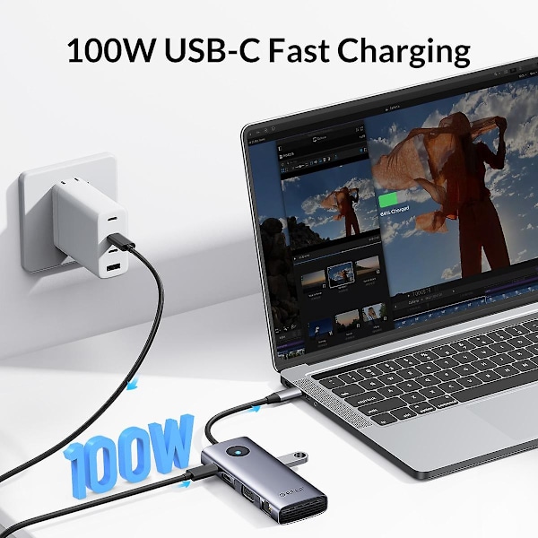 in 1 Dokkingsstasjon HD+VGA PD 100W Lading Gigabit Ethernet Multifunksjonell Type-C Hub Dark Grey
