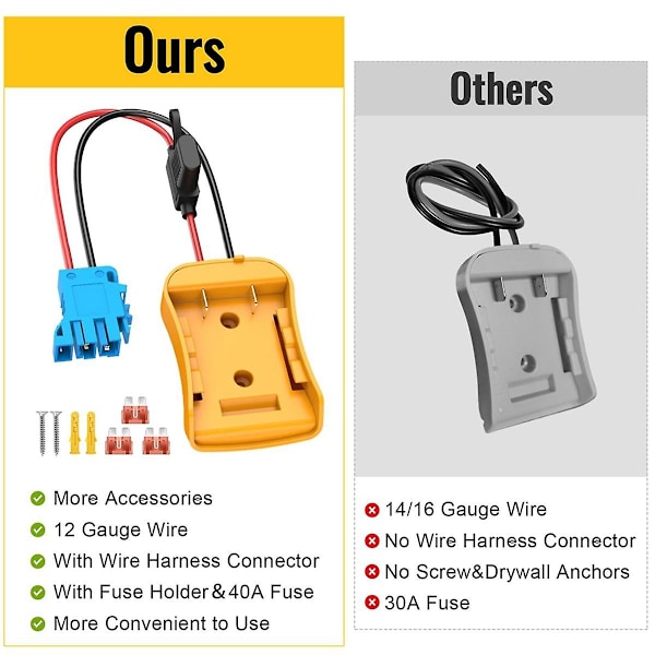 Strømadapter til Power Wheels til 20V batteri med kabelforbindelse til Peg-Perego, 12AWG ledning med 40