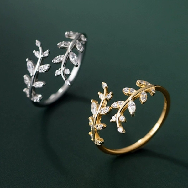 925 Sterling Silver Öppna Ringar, Justerbar Omlottring med Lövdesign, Personlig Guldton Golden