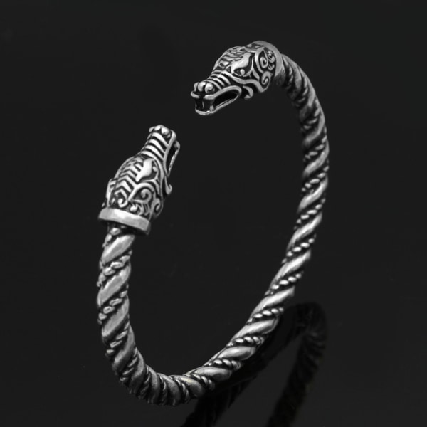 1kpl Norse Mythology Viking Double Dragon Head Opening Adjustable Bracelet Men's Retro Fashion Silvery