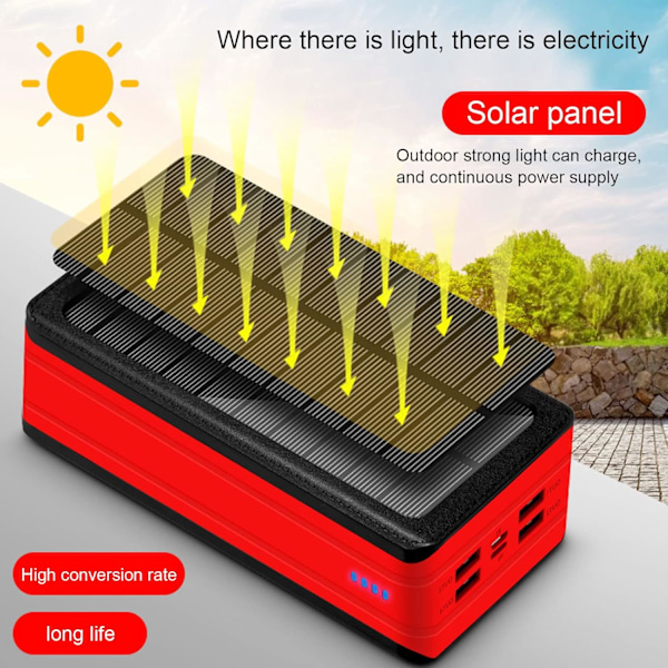 Powerbank, bærbar lader, solcellelader med stor kapasitet 50000mAh, Powerbank hurtiglading med 4 USB-porter innebygd 32LED, for camping