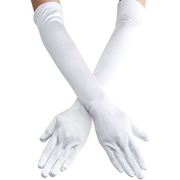 Långa fingerlösa satinhandskar för dam, armbågslängd, 1920-tals opera bröllop[qb]
