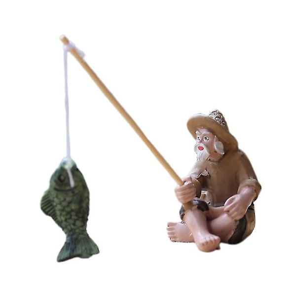 Fisker Gammel Mand Figur Statue Have Ornament Mikro Landskab Have Håndværk Hfmqv（En Størrelse）