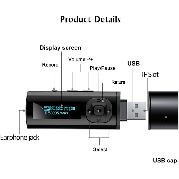 USB MP3-afspiller Bluetooth 4.0 8GB musikafspiller med clips