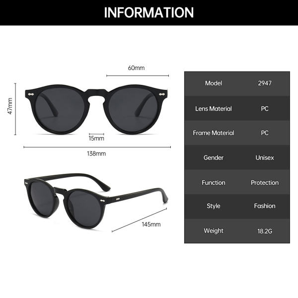 Polariserede solbriller til kvinder - Vintage runde - Klassiske retro cirkelformede tonede 90'er solbriller unisex UV400 beskyttelse Black grey