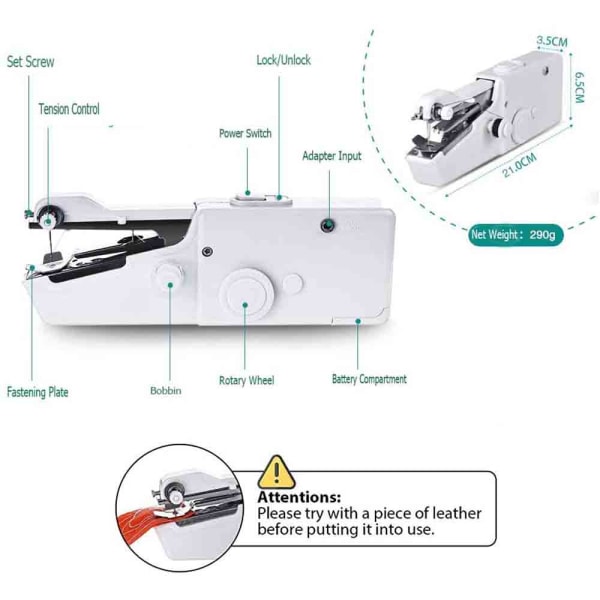 Handhållen symaskin, sladdlös elektrisk, vit