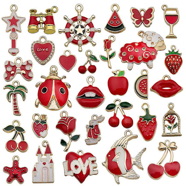 Charms til smykkefremstilling 31 stk. legering charms emalje charms vedhæng til smykker armbånd halskæde håndværk fremstilling（rød）