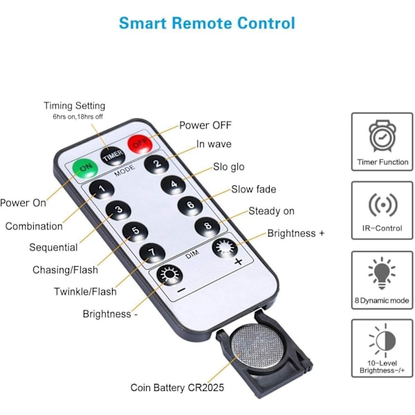 x 10m Paristokäyttöiset LED-valoköynnökset 100 LED-valoa Ajastimen toiminto kaukosäätimellä IP65 Jouluun, Hääjuhliin, Kotiin, Puutarhaan White light