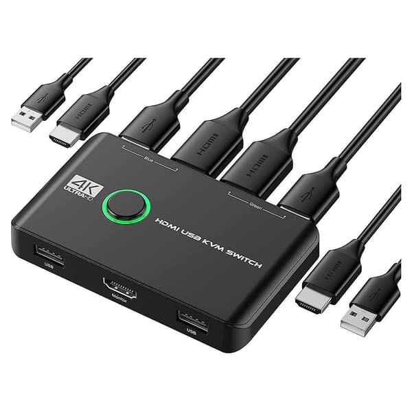 4K KVM Switch USB-kompatible switche til 2 computere deler tastatur, mus, printer og skærm, Su