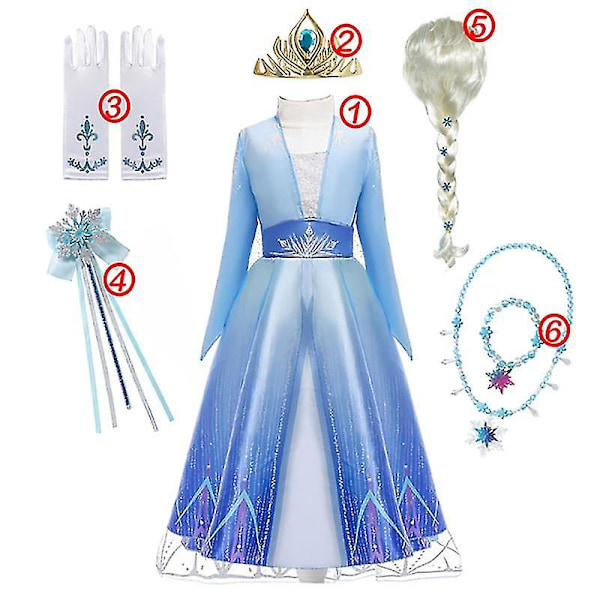 Flickans Frozen Prinsessklänning: Sekvenserad Mesh-bollklänning för Cosplay som Elsa eller Anna 6-delad Elsa-klänningsuppsättning 6PCS Elsa Dress Set 5-6T (120)