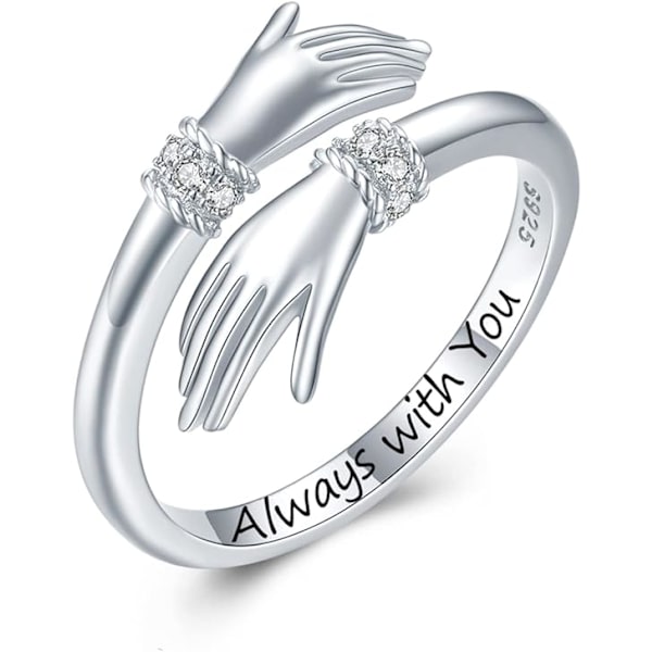 Krama ring, S925 Sterling Silver Justerbar Kom till min arm Inspirerande uppmuntringsringar Hand Open Thumb Ring''Ge mig en kram'' Embrace Ring