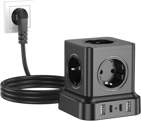 Cube Stikdåse med USB 5 AC-udtag Cube 2 USB-C 2 USB-A 9-i-1 Stik Cube med Kontakt 1,8 m Forlængerkabel til Kontor Hjem Sort