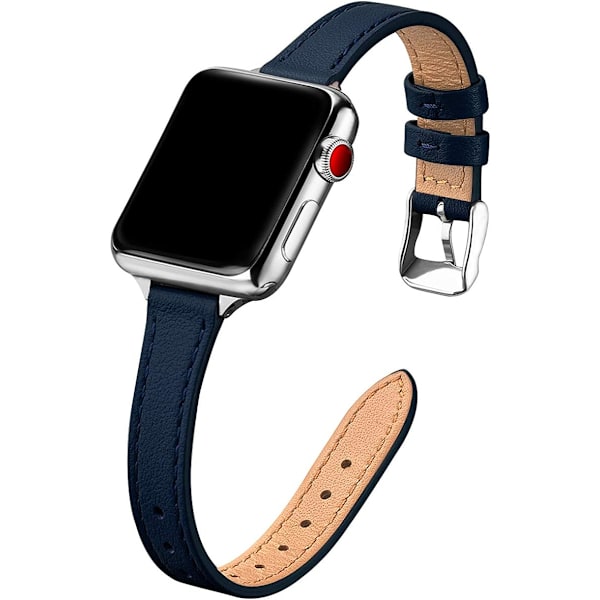 Hoikka nahkahihna, yhteensopiva Apple Watch Band 38 mm:n kanssa, laivastonsininen, hopeanvärinen Navy with Silver 42mm/44mm/45mm/49mm