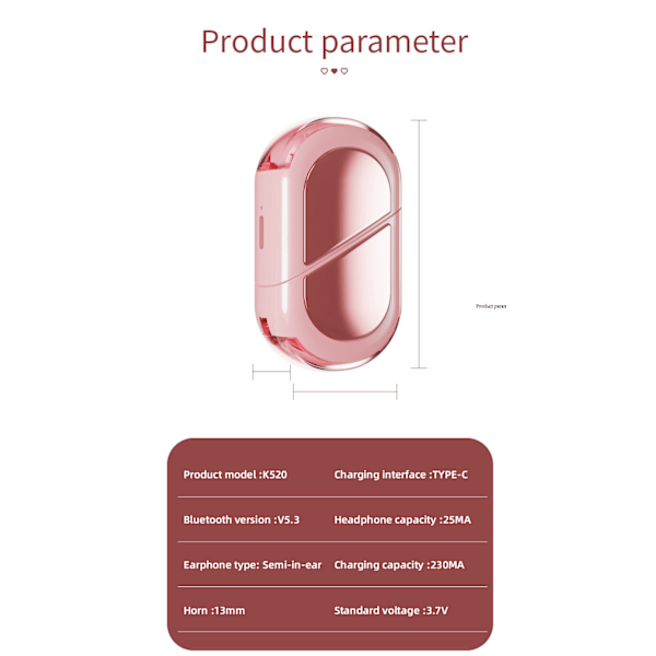 Hjerteformet TWS-hovedtelefoner Trådløse øretelefoner med mikrofon In-ear-hovedtelefoner pink