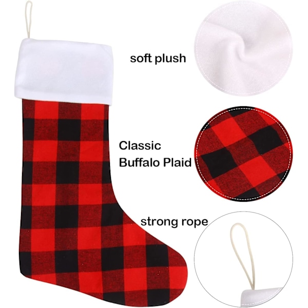 Julstrumpor i Röd och Svart Buffelrutig Design, 6-pack 18 Tum Stora Rutigstrumpor med Plysch Manschett