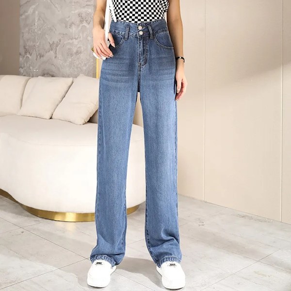 FINORD Vintage korkeavyötäröiset farkut naiset korealainen rento streetwear korealainen Harajuku farkut löysät pestyt suorat siniset denimhousut siniset Blue S