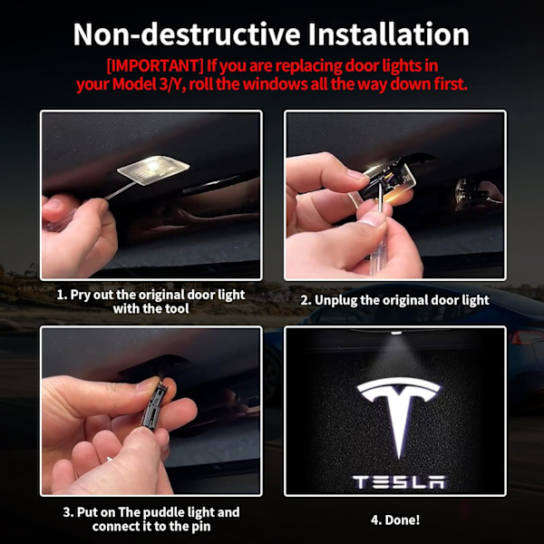 4 st Tesla-pöllampor, bildörrslampa, logoprojektor, ultralätt LED 3D-laser Ghost Shadow-lampa, inbjudningslampor för Model 3 YSX-tillbehör