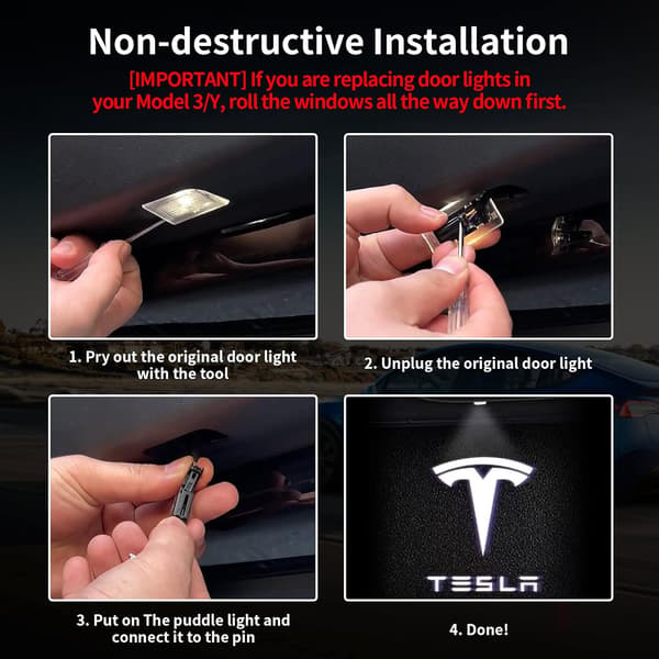 4 stk. Tesla Puddle Lights Billedørlys Logo Projektor, Ultra-Light LED 3D Laser Ghost Shadow Light, Invitation Lights til Model 3 YSX Tilbehør