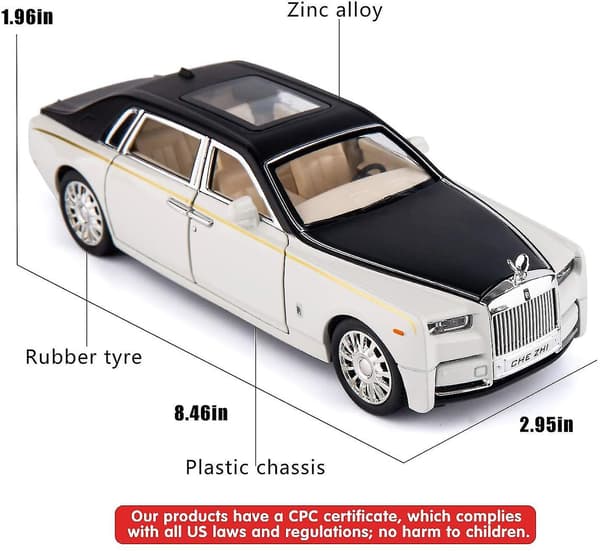 1/24 Rolls-Royce Phantom Modelbil, Zink Legering Tilbage Træk Legetøjsbil med Lyd og Lys til Børn Dreng Pige Gave (Hvid)