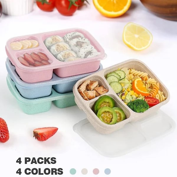 4-pack Lunchbox, Matlåda med 3 Fack, Lunchbox för Barn, Återanvändbar Matförvaring