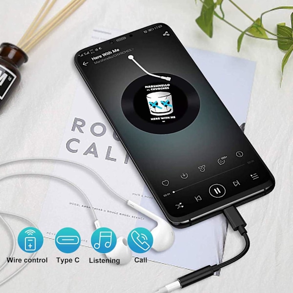 USB C-hörlursadapter, USB C till 3,5 mm Jack-adapter Typ C Aux-adapter Hi-Fi DAC-chip Kompatibel för Galaxy S20 (Svart)