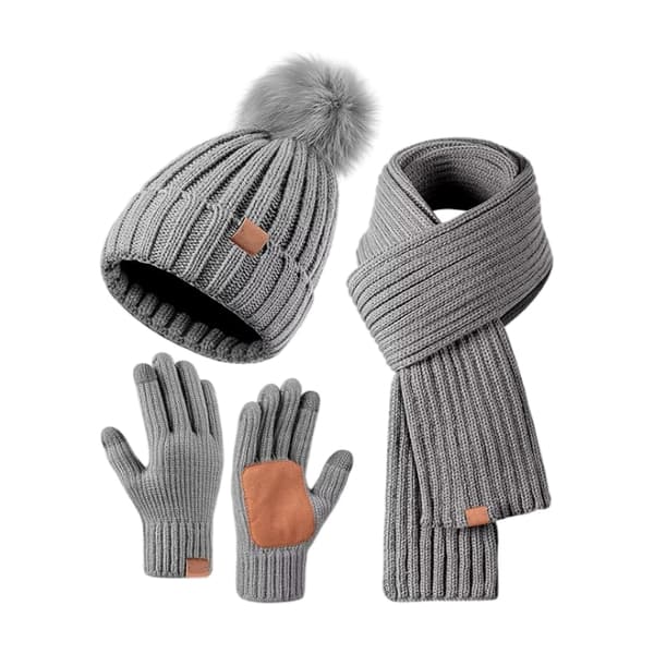 Stickad Vintermössa, Halsduk och Handskar Set | Varmt 3-Dels Set för Kallt Väder *Vit* White