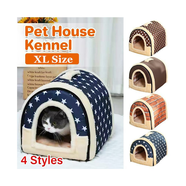 XL Størrelse Pet Legebur Kennel Blød Igloo Senge Hule Kat Hvalpe Seng Varmt Pude Foldbar - Blå Stjerner