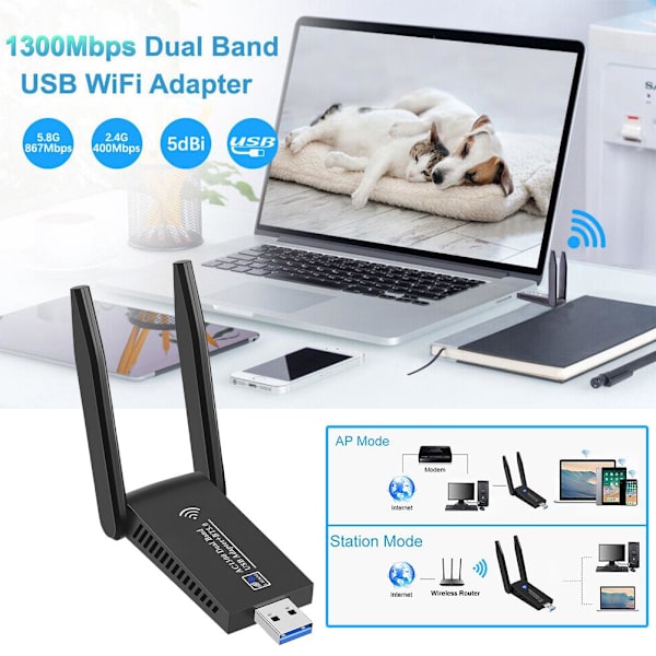 Trådløs USB 1300 Mbps WiFi-adapter Dual Band 2.4G 5Ghz USB 3.0 W