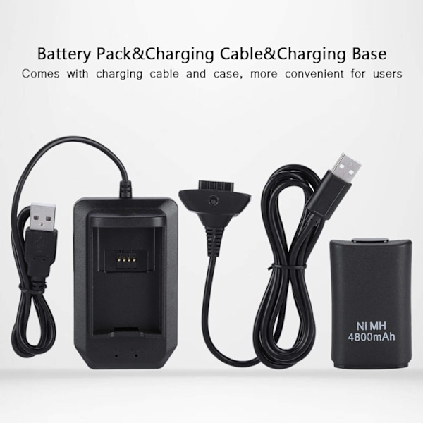 Xbox 360 Controller Kit, 2*4800mAh Batteri USB-opladningskabel+opladningsbase