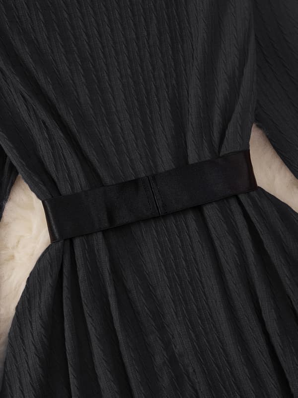 Plus Size Dam Julkväll Swingklänning Långärmad V-ringad Jacquardkantad med Bälte Black 3XL