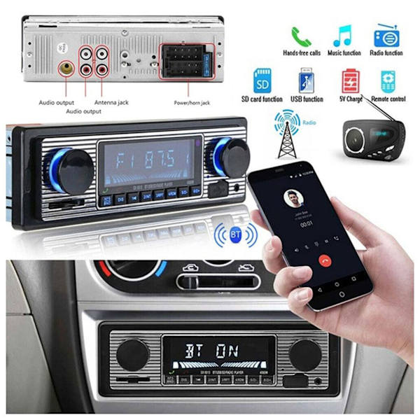Vintage Bluetooth Bilstereo MP3-spiller Lyd FM Aux USB-mottak