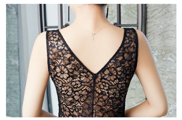 Transparent Hollow Long Deep V-Neck Perspective Dress(Black M)