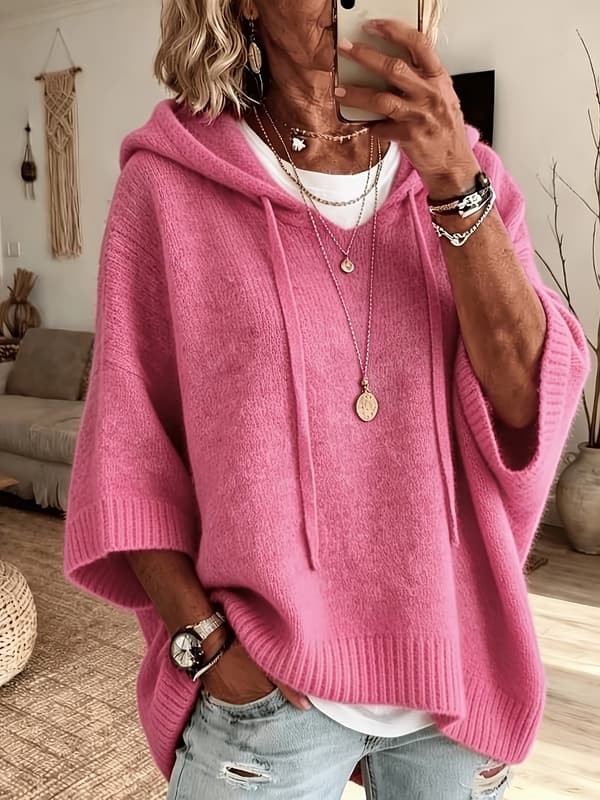 Hættetrøje til kvinder, kort cardigan, flagermusærmer, blød varm strik Rose Red L