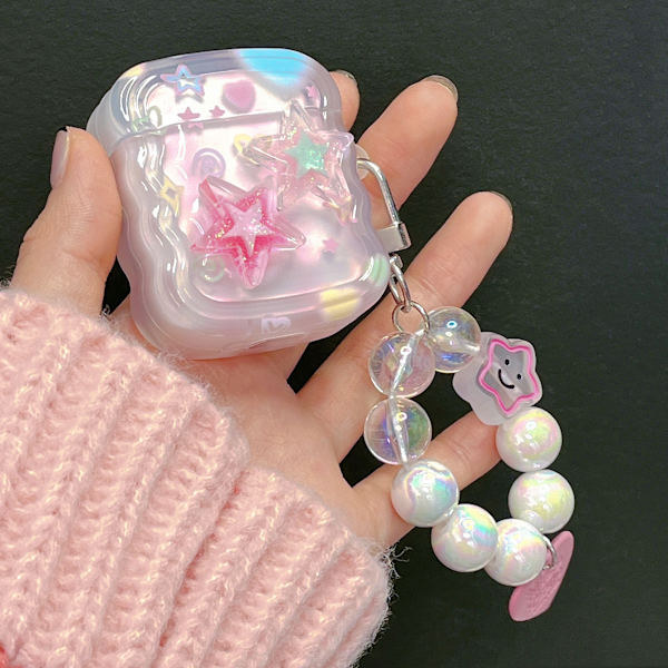 Söt stjärna Airpod 1、2 fodral med nyckelring kompatibel med Kawaii Aesthetic Airpods 1、2 fodral för kvinnor flicka