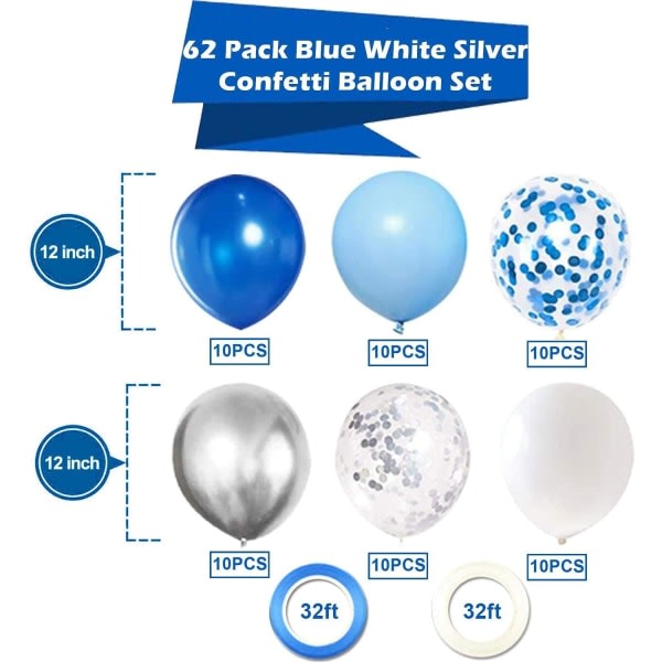 IC 62 stk. blå sølv hvide konfettiballoner, 12 tommer hvide kongeblå balloner metalliske sølvballoner blå sølv konfettiballoner