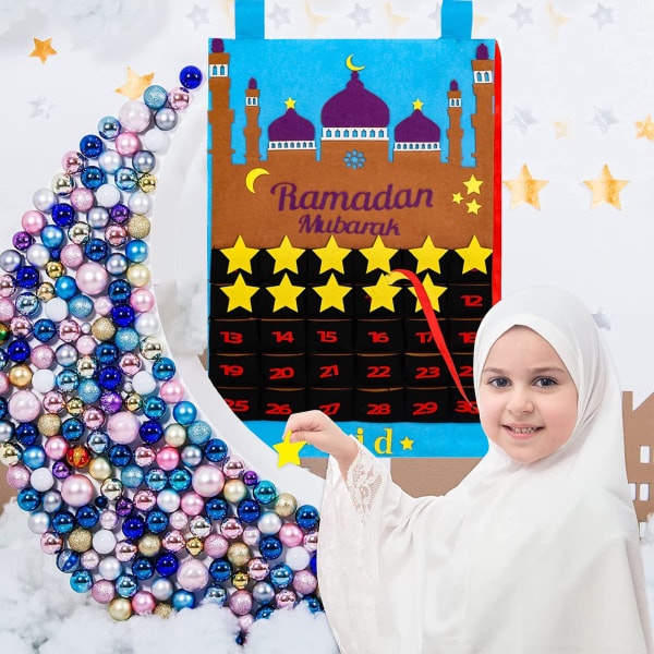 Ramadan-kalender for barn - 2024 Ramadan-kalender med Eid Mubarak-nedtelling - Filtdesign - Perfekt for Ramadan-dekorasjon Blue