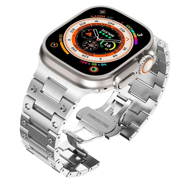 Luksus rustfrit stålarmbånd til Apple Watch Band Ultra 2 49mm 45mm 44mm 42mm Butterfly Buckle Bracelet til IWatch 9 8 7 6 5 4 3 Silver