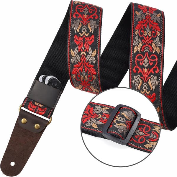 Röd - broderad gitarrrem, läderrem med dold ficka för bas, el- och akustiska gitarrer