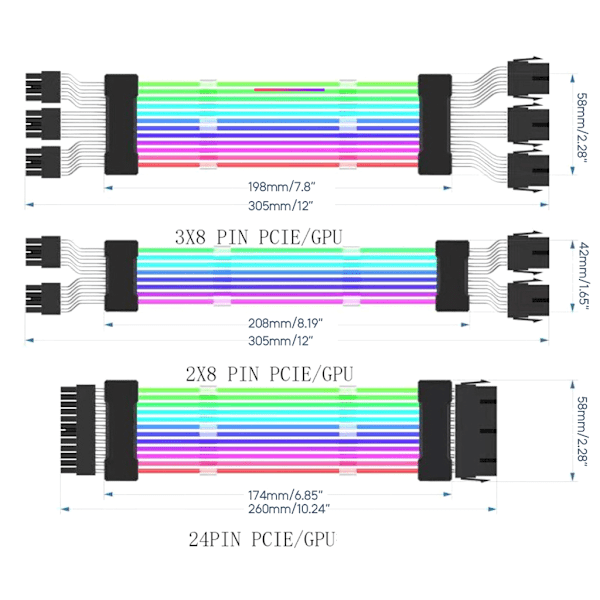 PC- Chassi- PSU Förlängnings RGB Kabel 24Pin PCI-E GPU 8PinX2, 8PinX3 Neon-Färg Linje ARGB Streamer- Transfer Adapter 5V3Pin Svart Black 24p